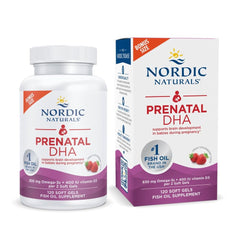 Nordic Naturals Prenatal DHA Strawberry bottle with fruity flavor may support baby brain development.
