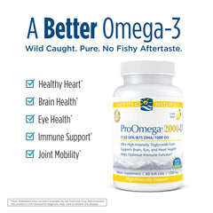 ProOmega 2000-D soft gels close-up emphasizing lemon flavor and absorption-friendly format.