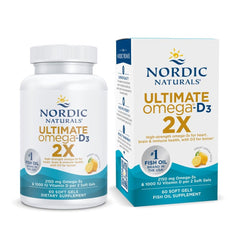 Nordic Naturals Ultimate Omega 2X bottle front featuring lemon-flavored soft gels for daily wellness.