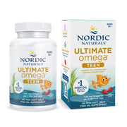 Nordic Naturals Ultimate Omega 2X Teen strawberry bottle highlights high omega-3 content for teen brain support.