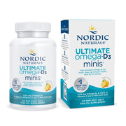 Nordic Naturals Ultimate Omega Mini D3 lemon bottle shows a compact omega-3 with vitamin D3 for daily wellness