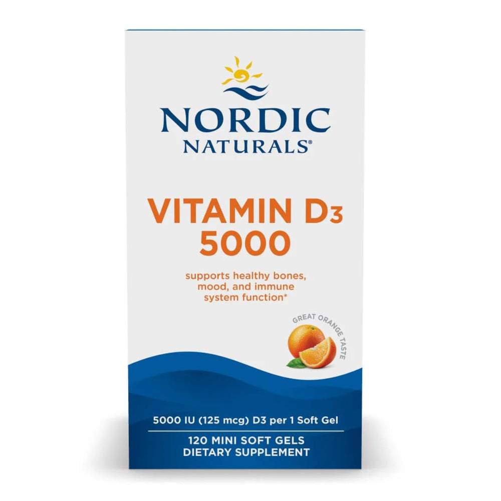 Nordic Naturals Vitamin D3 5000 orange mini bottle close-up showing easy-to-swallow soft gels.