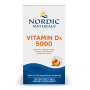 Nordic Naturals Vitamin D3 5000 orange mini bottle close-up showing easy-to-swallow soft gels.