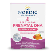 Nordic Naturals Zero Sugar Prenatal Gummies bottle with strawberry orange flavor for easy omega-3 and vitamin D3 intake.