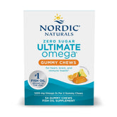 Nordic Naturals Zero Sugar Ultimate Omega Gummy Chews bottle highlights tropical fruit flavor for daily omega-3 support