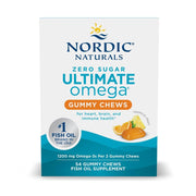 Nordic Naturals Zero Sugar Ultimate Omega Gummy Chews bottle highlights tropical fruit flavor for daily omega-3 support