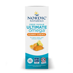 Nordic Naturals gummy chews with clean label showing non-GMO and dairy-free