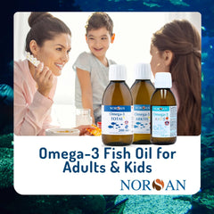 NORSAN Fisk Kids omega-3 mixed into yogurt or juice for kid-friendly use