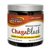 NORTH AMERICAN HERB & SPICE ChagaBlack Tea packaging highlights premium wild ingredients for daily nourishment.