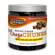 ChagaChunks Nut 'n Raisin bottle on the counter, energy-ready