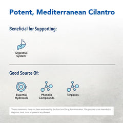 Close-up of North American Herb & Spice Cilantro Essence label highlighting pure ingredients
