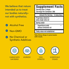 Ingredients focus on whole-food, cold-extracted cinnamon oil and olive oil.
