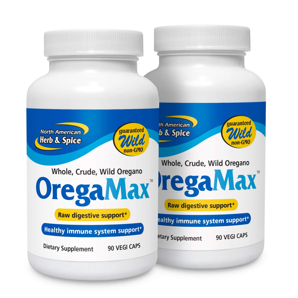 OregaMax 2-pack bottle front view for daily digestive and immune support.
