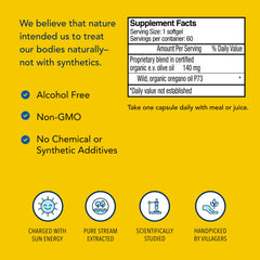 North American Herb & Spice Oreganol P73 ingredients label highlighting mountain-sourced oregano.