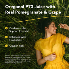 Close-up of Oreganol Juice highlighting pomegranate and grape accents for a refreshing flavor.