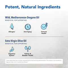 Oreganol P73 softgels back label, olive oil carrier and Non-GMO.