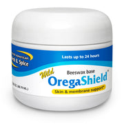 OregaShield bottle label with wild spice oils in beeswax for topical care.