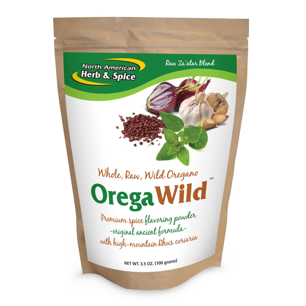 North American Herb & Spice OregaWild bottle with raw za’atar for vibrant stir-fries.