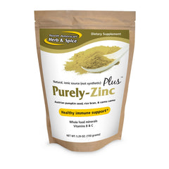 NORTH AMERICAN HERB & SPICE Purely-Zinc Plus bottle front shows premium whole food zinc.