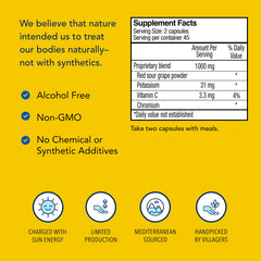 Ingredients list featuring grape powder, potassium, vitamin C, chromium for daily antioxidant support.