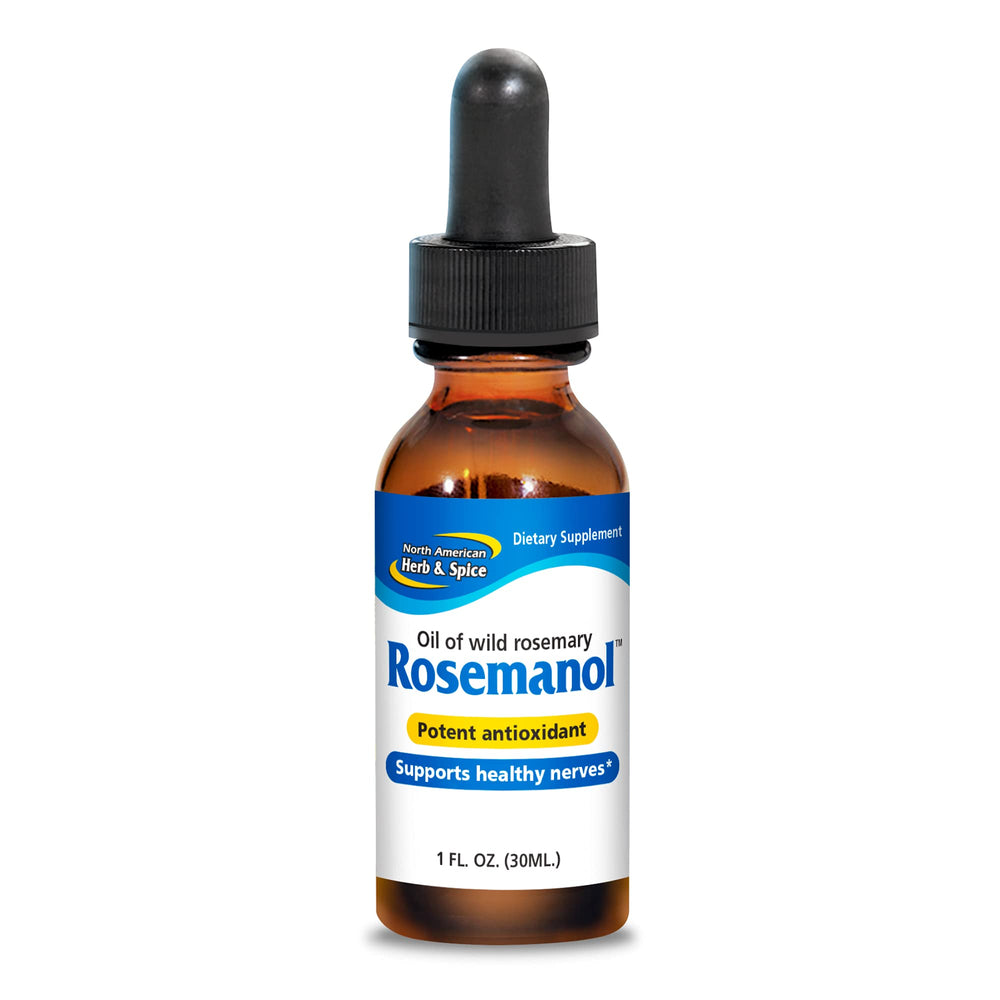 North American Herb & Spice Rosemanol bottle showing pure wild rosemary oil for versatile use.