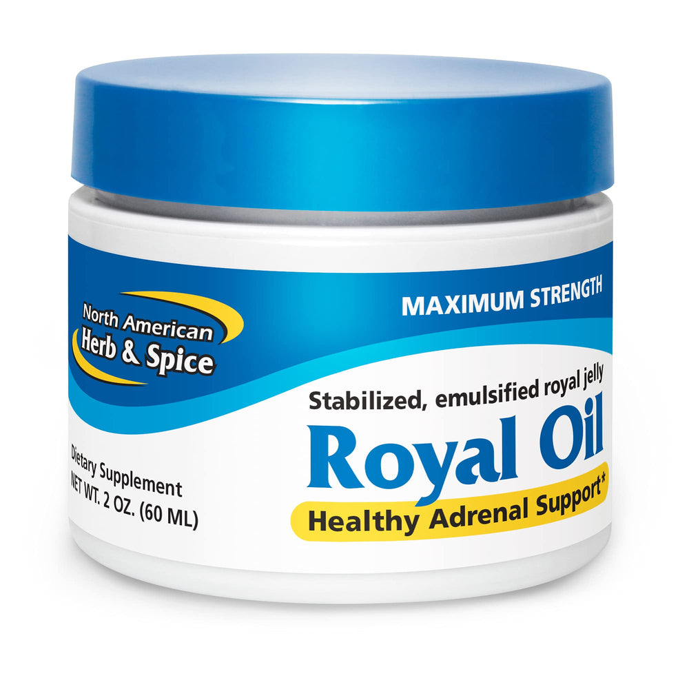 NORTH AMERICAN HERB AND SPICE Royal Oil bottle front shows raw royal jelly in pumpkin seed oil