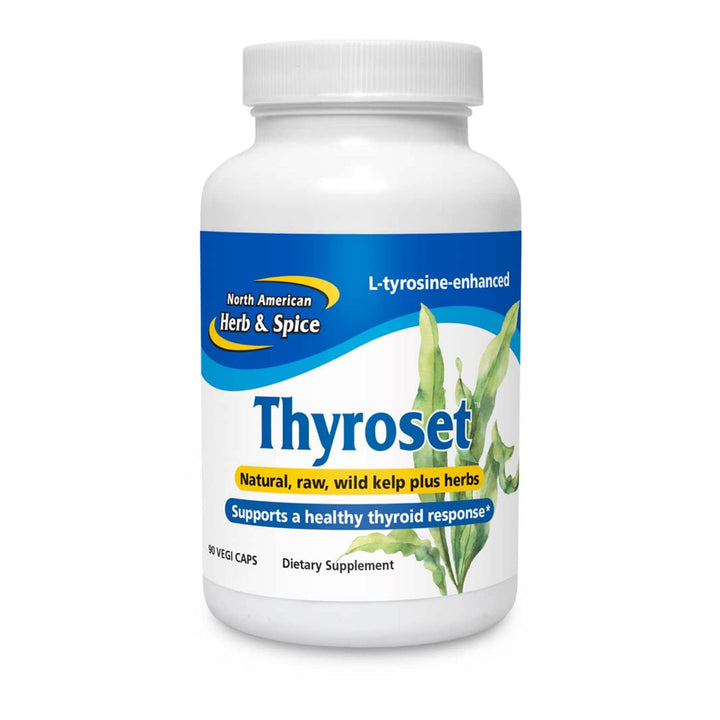 NORTH AMERICAN HERB & SPICE Thyroset bottle packaging highlighting natural whole-food thyroid support.