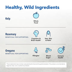 Ingredients list featuring wild kelp, herbs, and amino acids.