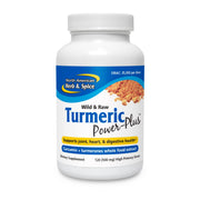 NORTH AMERICAN HERB & SPICE Turmeric Power-Plus bottle front showing whole-food turmeric benefits