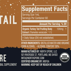 North Spore Turkey Tail Tincture label emphasizes organic, vegan, and non-GMO ingredients.