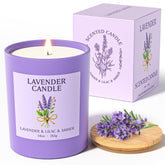 NORVENCE Lavender Candle in a purple glass jar creates a calm, inviting atmosphere.