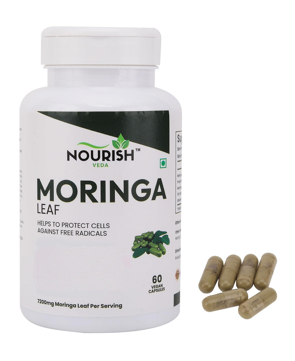 NOURISH VEDA Pure Moringa capsules bottle for daily wellness.