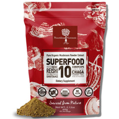 Nourishing Nutrients organic mushroom powder jar shown for daily wellness.