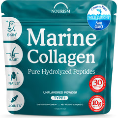 Nourism Marine Collagen bottle on shelf, premium skin and joint support.