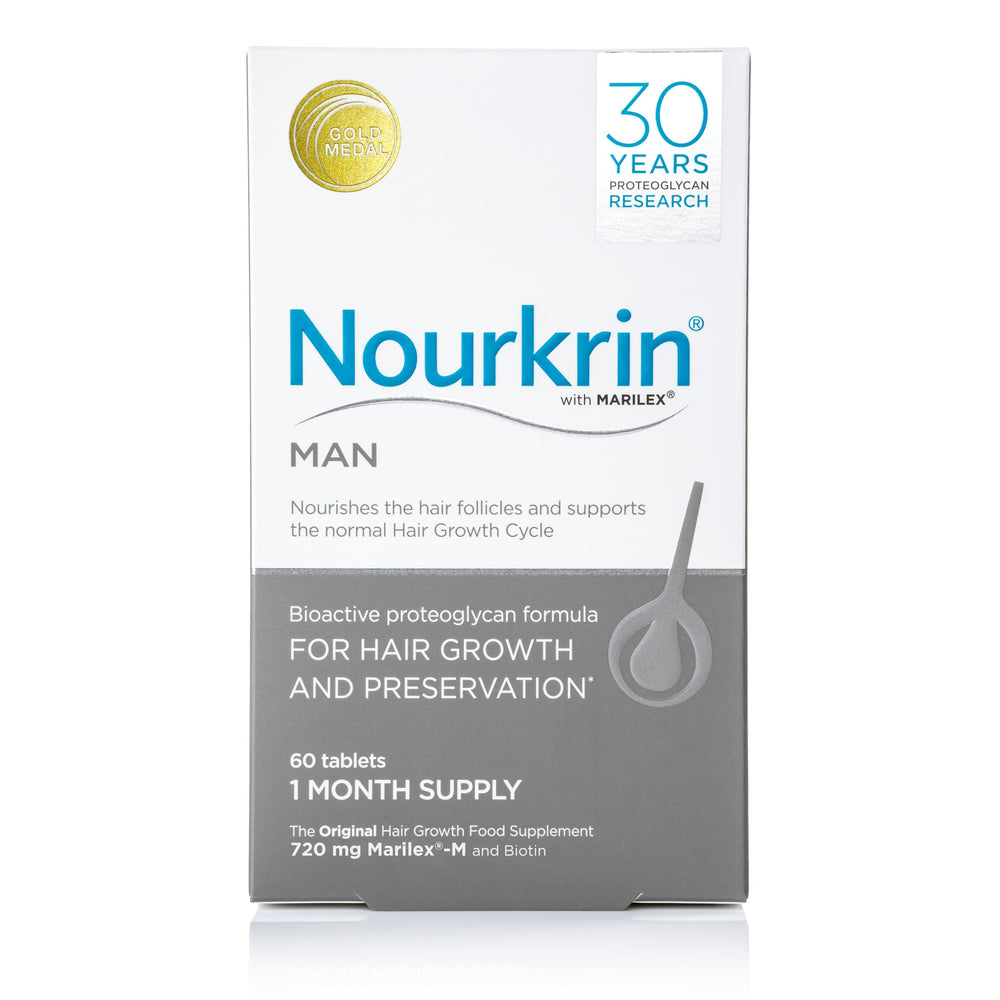 Nourkrin Man bottle pills for a daily, drug-free hair care routine.