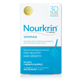 Nourkrin Woman tablets pack on a clean counter, highlighting daily hair nourishment.
