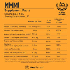 NovaFerrum MMM label highlights gluten-free and sugar-free formula.