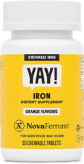 NovaFerrum Yay bottle-front with orange chewables for daily iron support