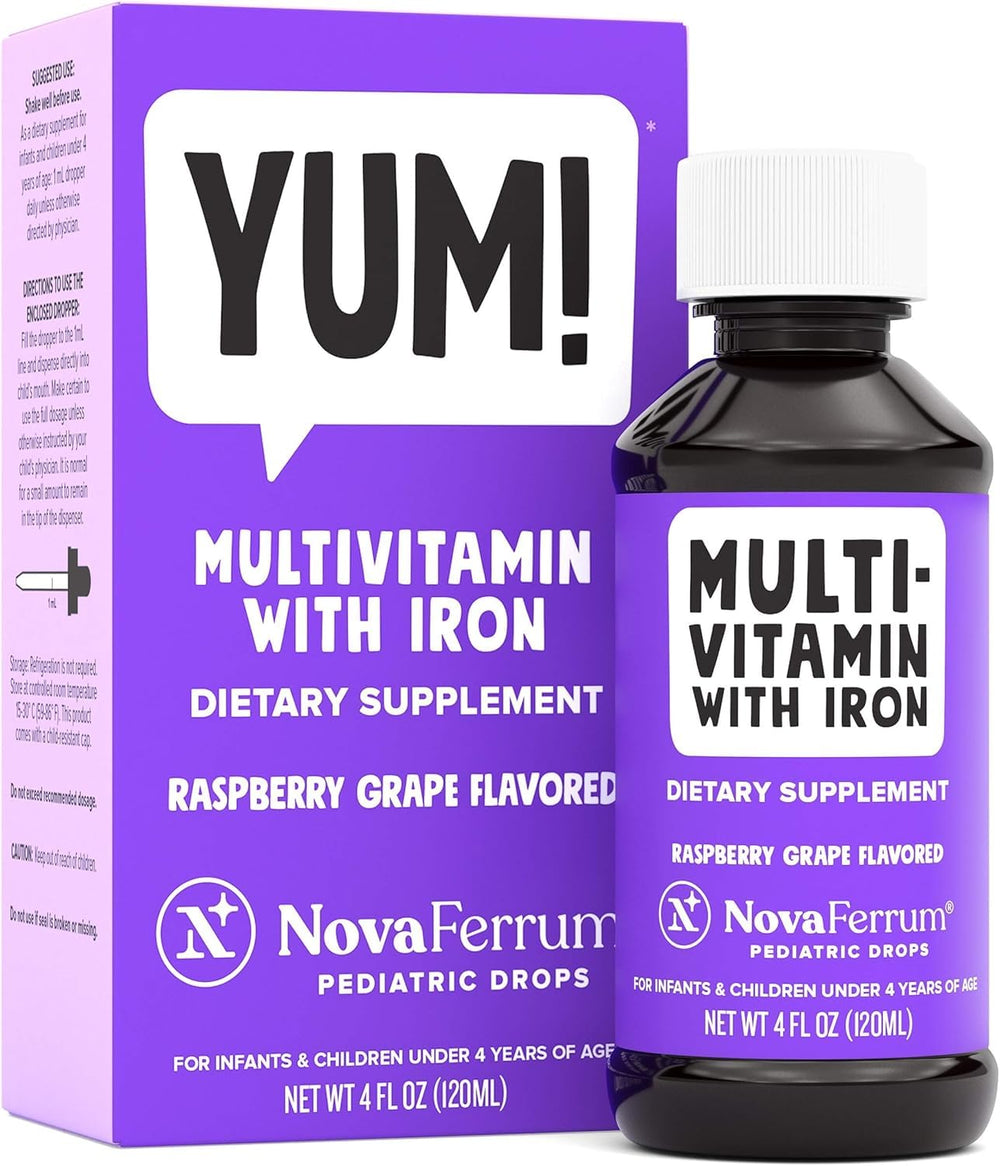 NovaFerrum Yum bottle front shows kid-friendly berry flavor for infants and toddlers