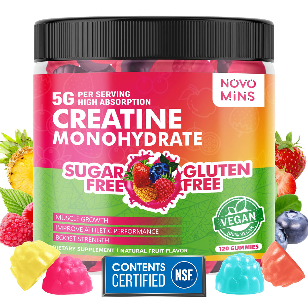 Novomins Creatine Gummy bottle demonstrates convenient daily use for workouts.