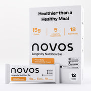 Novos Longevity Bar peanut butter packaging for on-the-go nourishment.