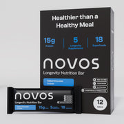 Novos Longevity Meal Bar Salted Chocolate Crunch pack shows convenient nutrition for on-the-go energy