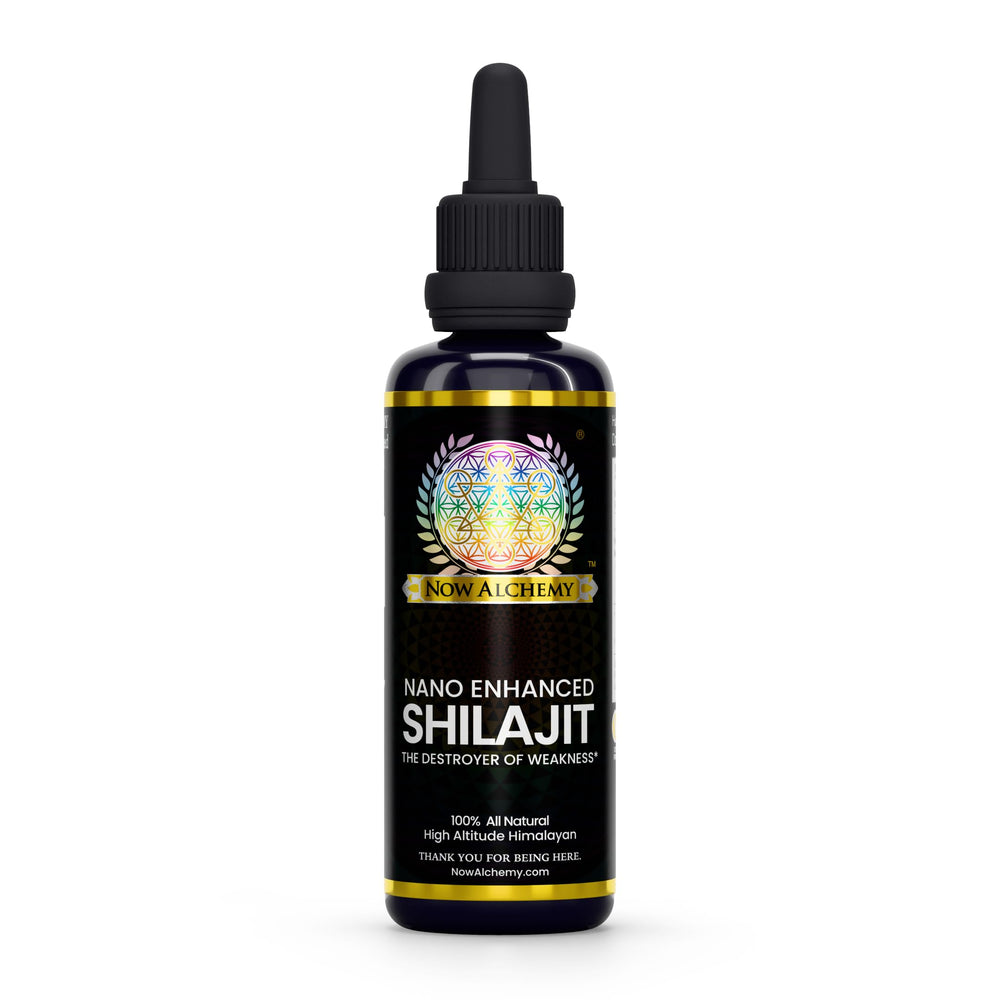 NOW ALCHEMY Nano Enhanced Shilajit Elixir bottle showing mineral-rich blend for daily vitality.