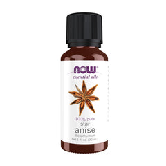 NOW Anise Oil bottle closeup highlighting pure, aromatic composition for diffusers.