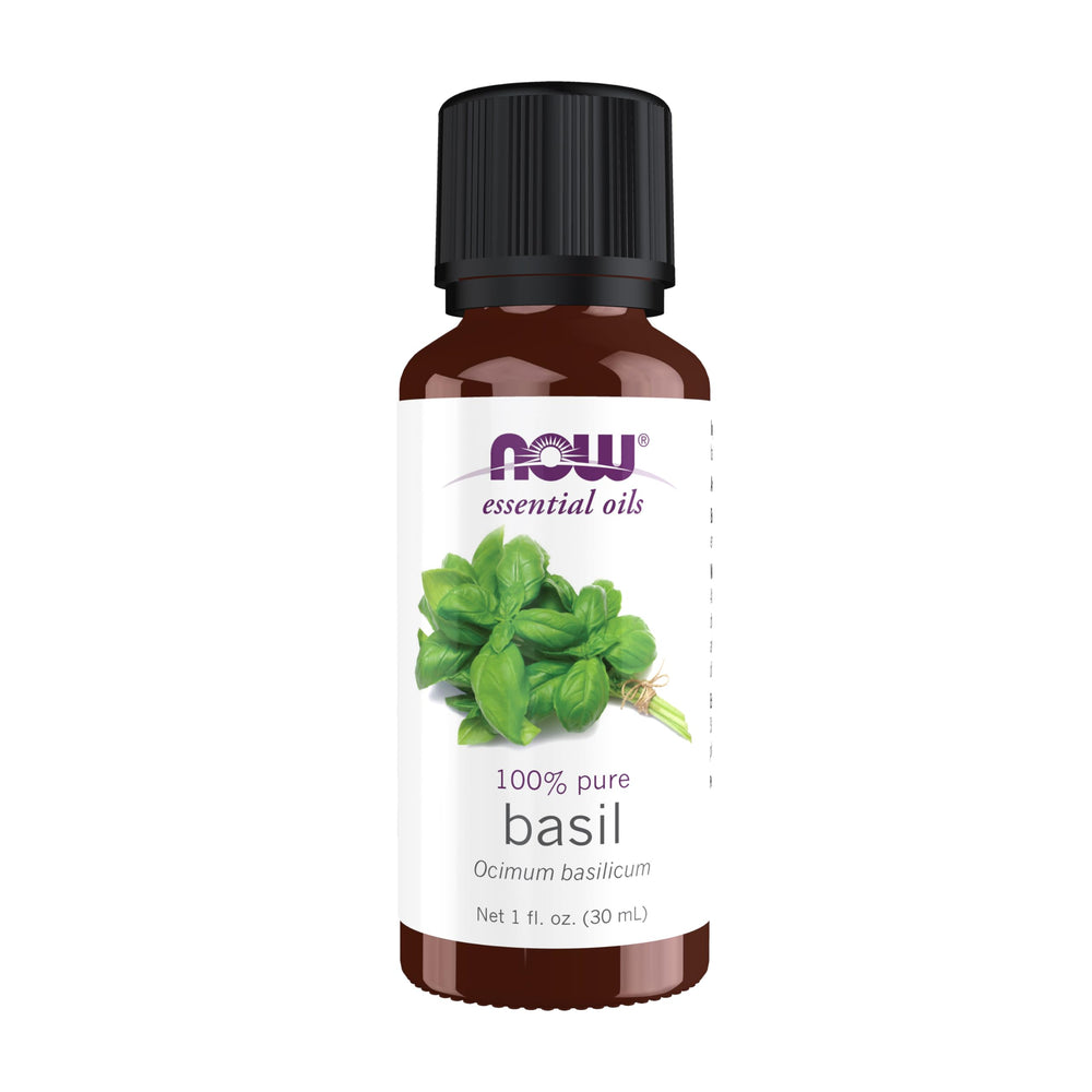 NOW Basil oil bottle shows 100% pure steam-distilled essence for uplifting spaces.