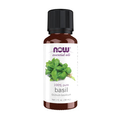 NOW Basil oil bottle shows 100% pure steam-distilled essence for uplifting spaces.