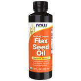 NOW Foods flax seed oil bottle with nutty aroma, great for dressings and toppings.