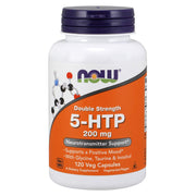 NOW Foods 5-HTP bottle close-up showing 200 mg per vegan capsule for mood support