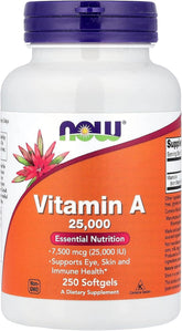 NOW Foods vitamin A 25,000 IU softgel bottle highlighting eye health support.