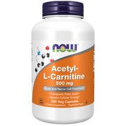 NOW Foods Acetyl-L Carnitine 500 mg bottle showing product emphasis and energy benefits